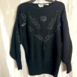 Vintage Cedars Black Silk Angora Rabbit Wool Blend Embroidered Jewelled Sweater
